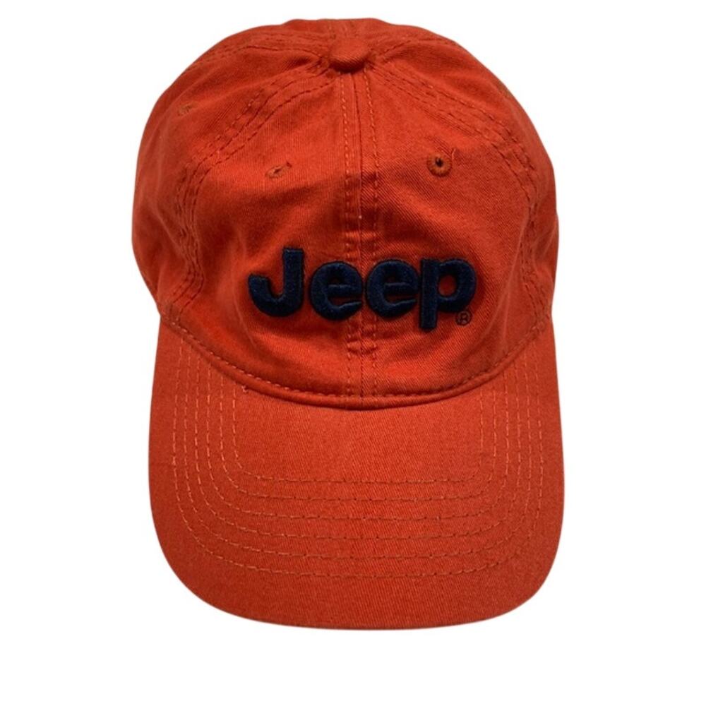 Jeep-Men's Orange Hat With Blue Logo Written Across The top